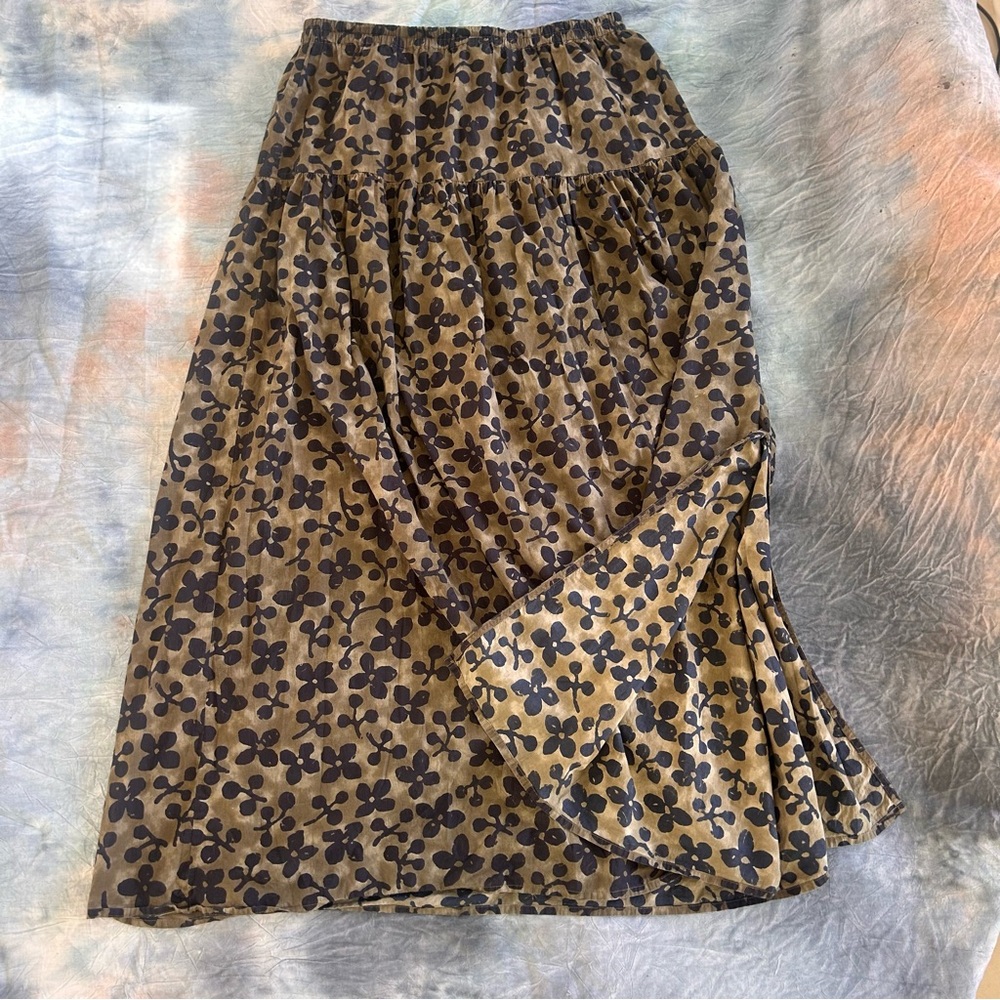 Apiece Apart Olive Floral Block Print Elastic Waist Mid-Length Skirt